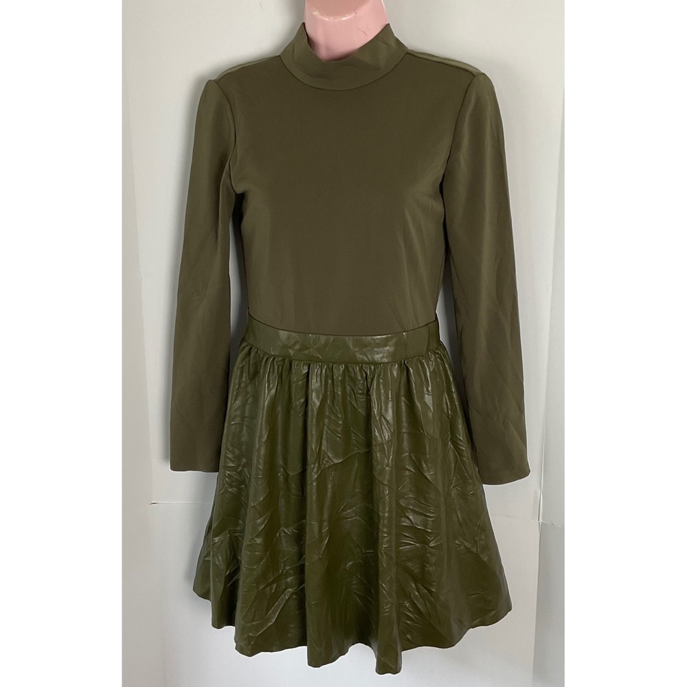 Alice + Olivia Olive Green Faux Leather Mixed  Mini Dress CC108J16522  4 chara